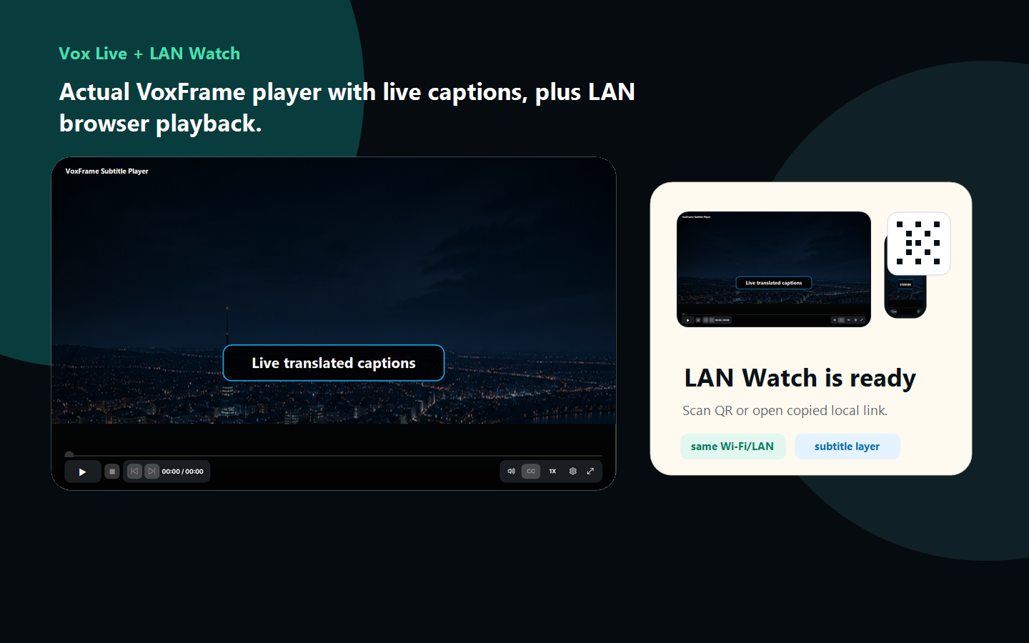 VoxFrame live captions and LAN Watch campaign visual
